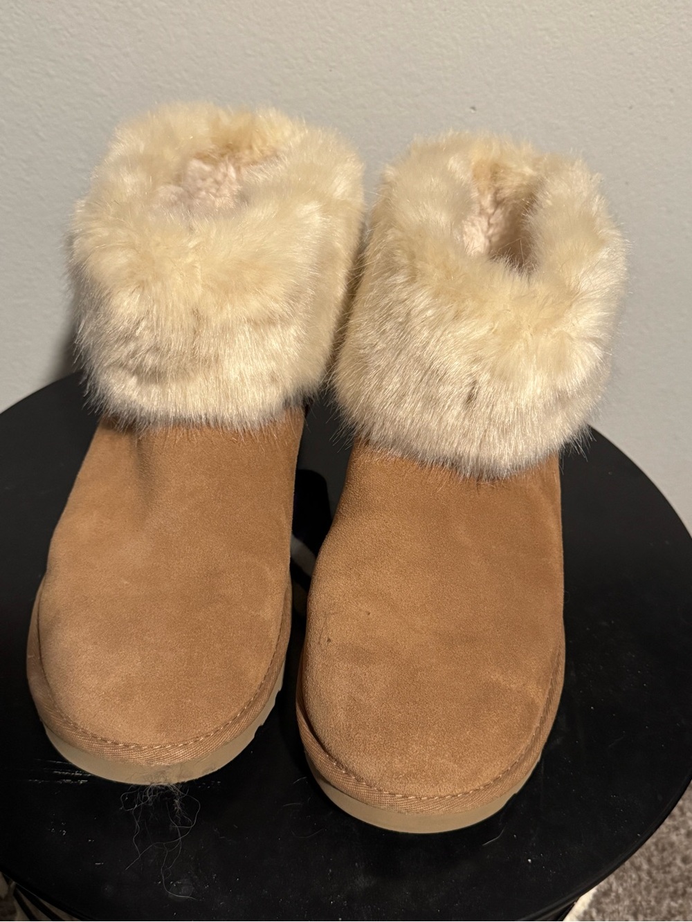 UGG Chestnut Suede Slip-On Slipper Booties with Cream Faux Fur Cuff